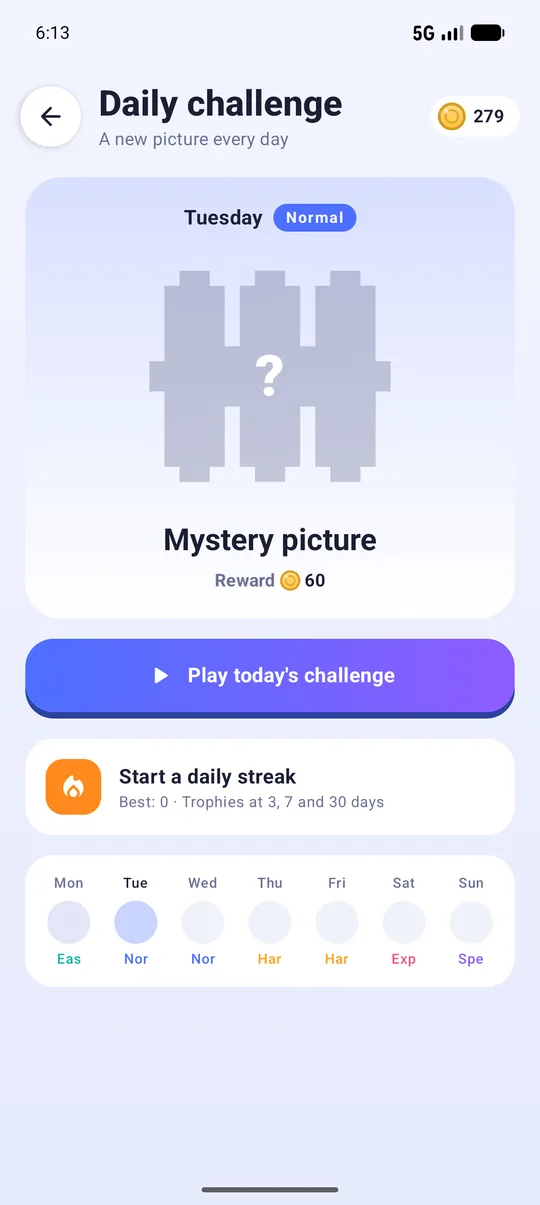 Daily challenge screen with a mystery picture and a weekly calendar