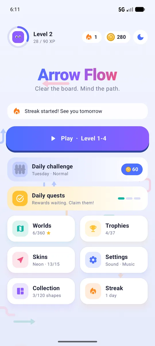 Arrow Flow home screen with Play, daily challenge and quests