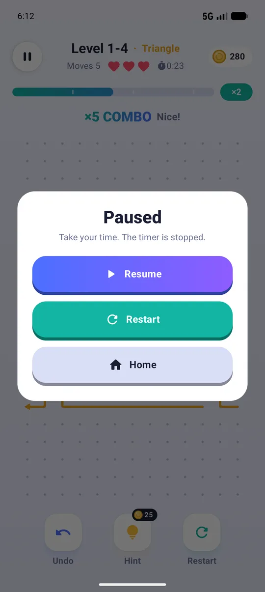 Pause menu: the timer stops while you think