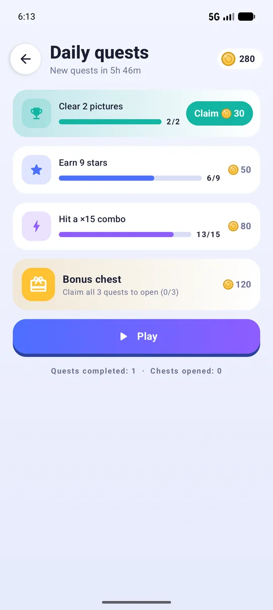 Daily quests with progress bars and coin rewards